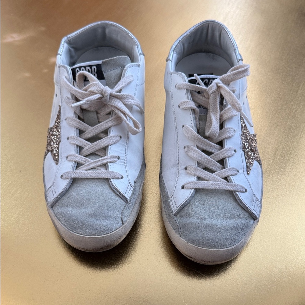 Golden Goose White and Silver Glitter Star Sneakers
